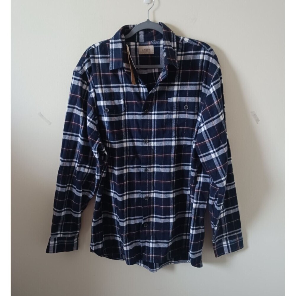 Jachs Flannel Button Down Shirt Blue White Plaid Long Sleeve Size XL